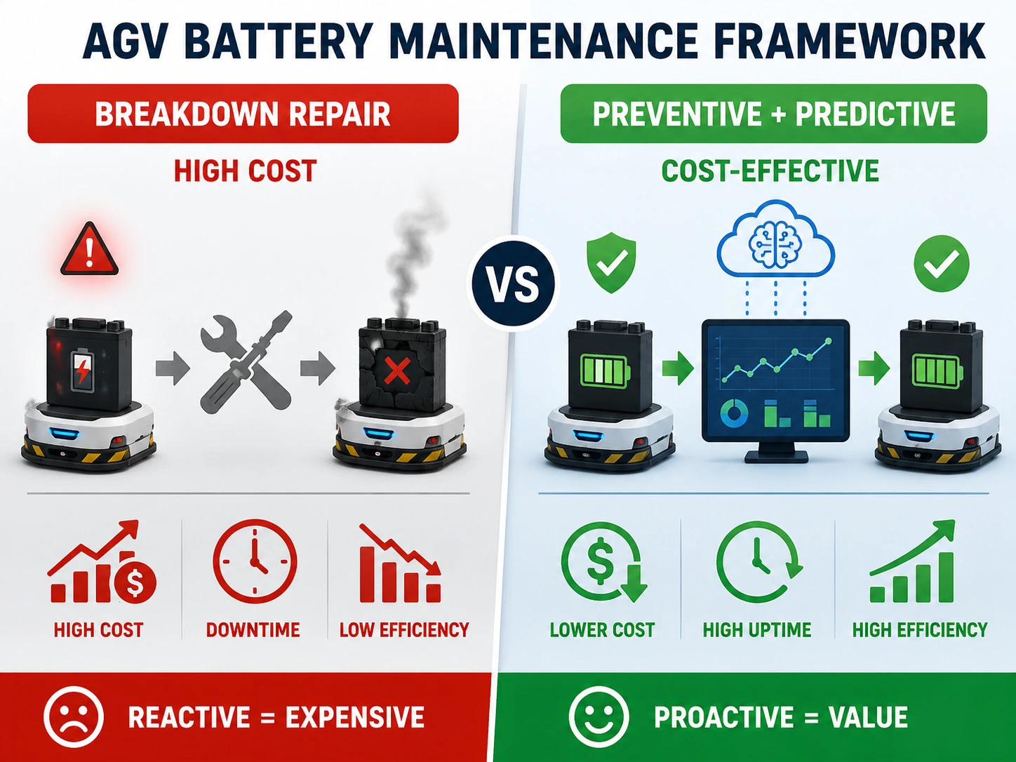 AGV-batterijûnderhâld: foarsizzend tsjin previntive strategyen